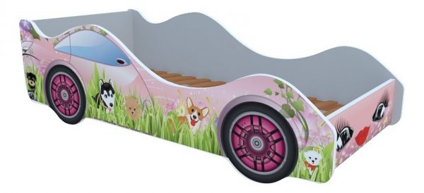 Кровать-машина от производителя Кровати-машины Собачки на лужайке M063 Цвет розовый с цветным рисунком